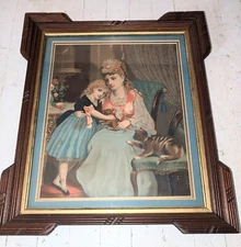 Antique 1870s John Henry Bufford Chromolithograph of Mother's, Daughter with Cat