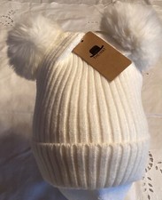 THE HAT Ribbed Knit Fleece Lined Beanie with Faux Fur Double Pom Poms White