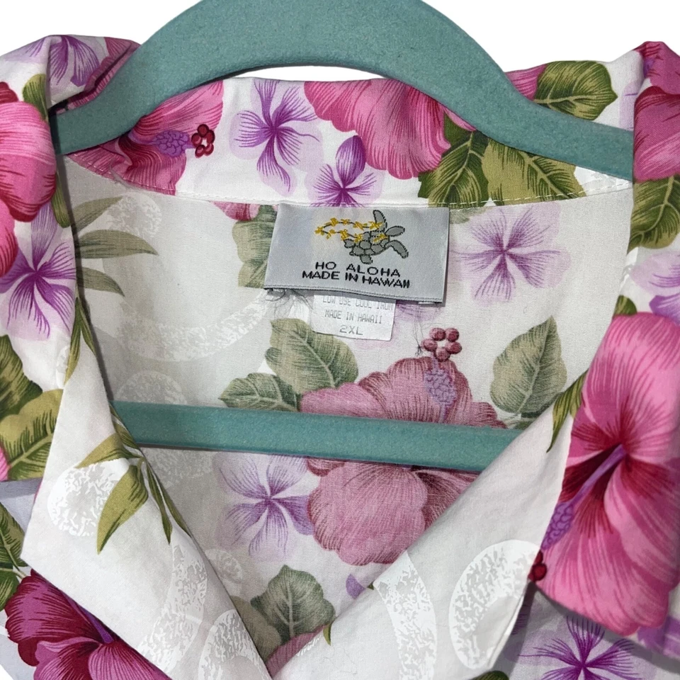 Camisa Ho Aloha Feminina Vintage Tamanho XXL Branca Havaiana Floral Algodão Puro Retrô - Imagem 3 de 4