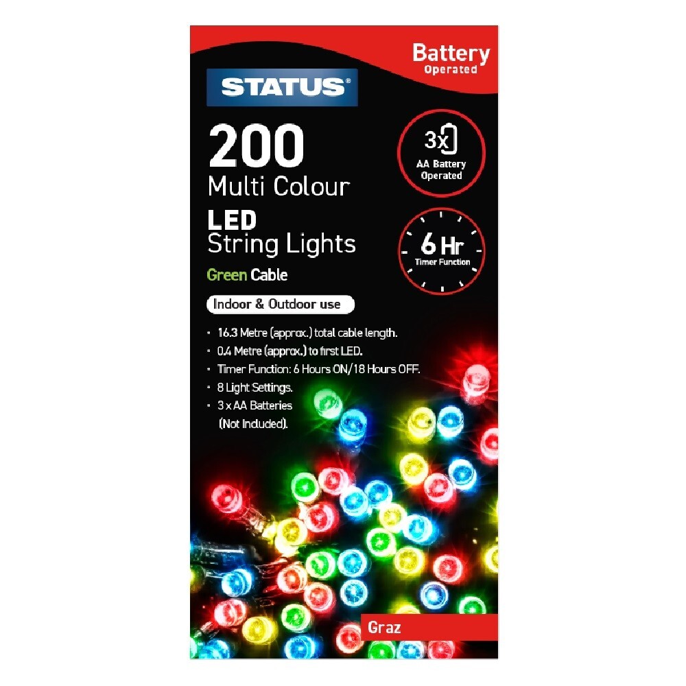 Status 200 Multi Action Battery Operated LED String Lights MULTI COLOUR