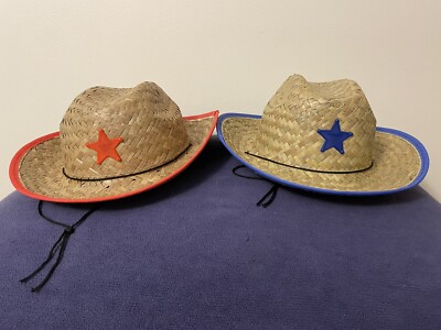 2 Pack Toy Kids Red Blue Woven Drawstring Cowboy Sheriff Straw Hat Star Play NEW