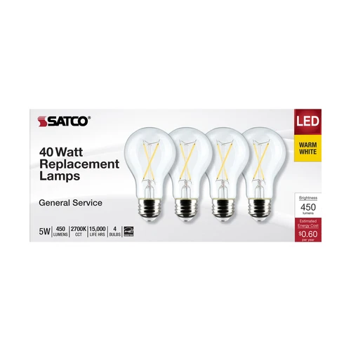 Pack Satco S12460 LED Filament 120V 5W 40W A19 Medium E26 Clear 2700K Warm White - Picture 4 of 10