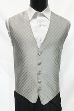 Mens Large Long Silver Gray Fusion Checkered Patterned Fullback Vest Formal