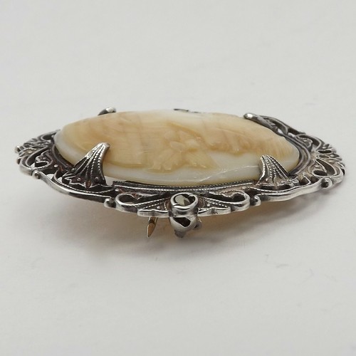 Spilla cammeo flora conchiglia intagliata marcasite argento sterling art deco  - Foto 3 di 6
