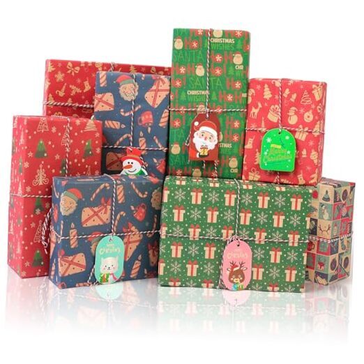  12 Sheets Christmas Wrapping Paper Set, Christmas Kraft Gift Wrap Bundle with 