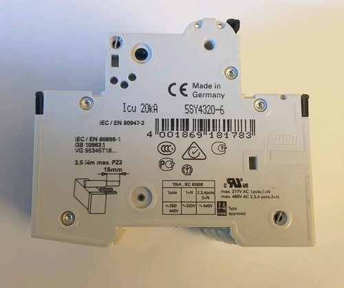 Siemens Tripple Pole MCB Mini Circuit Breakers 5SY4320-6 400v 20ka B20 - Picture 2 of 12