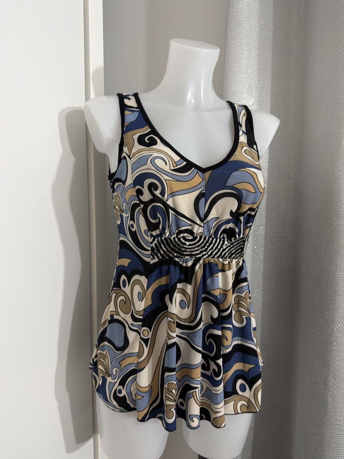Evisu Y2K Sleeveless Top UK 10 Blue Abstract Print Sequin Waist Vtg Summer Camis image 2