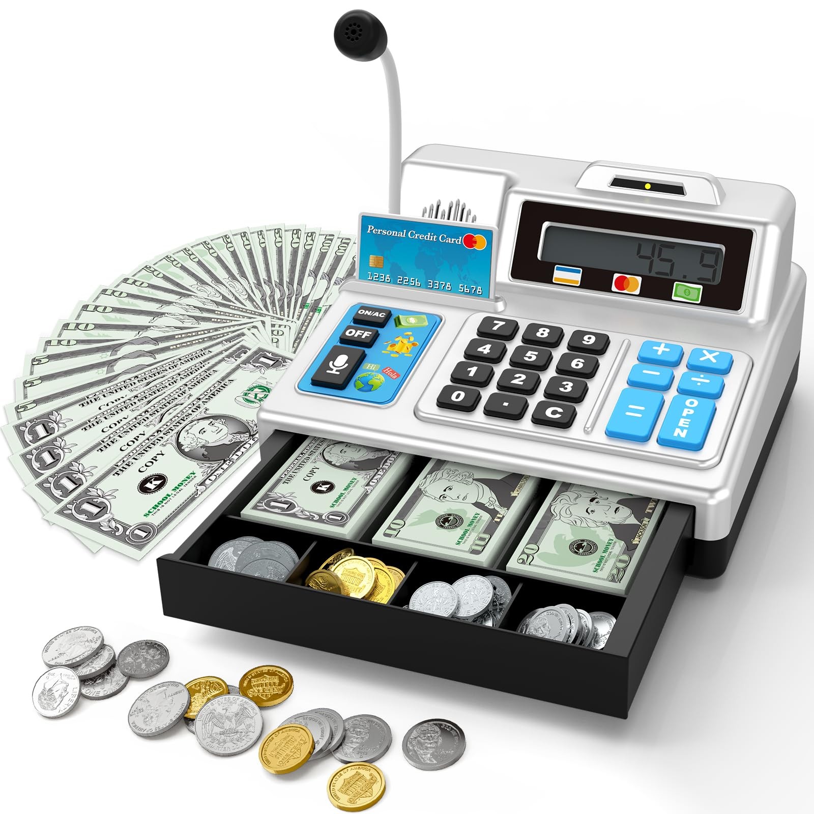 Toy Cash Register Set with Calculator, Microphone, 103 Piece