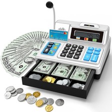 Toy Cash Register Set with Calculator, Microphone, 103 Pieces for Kids