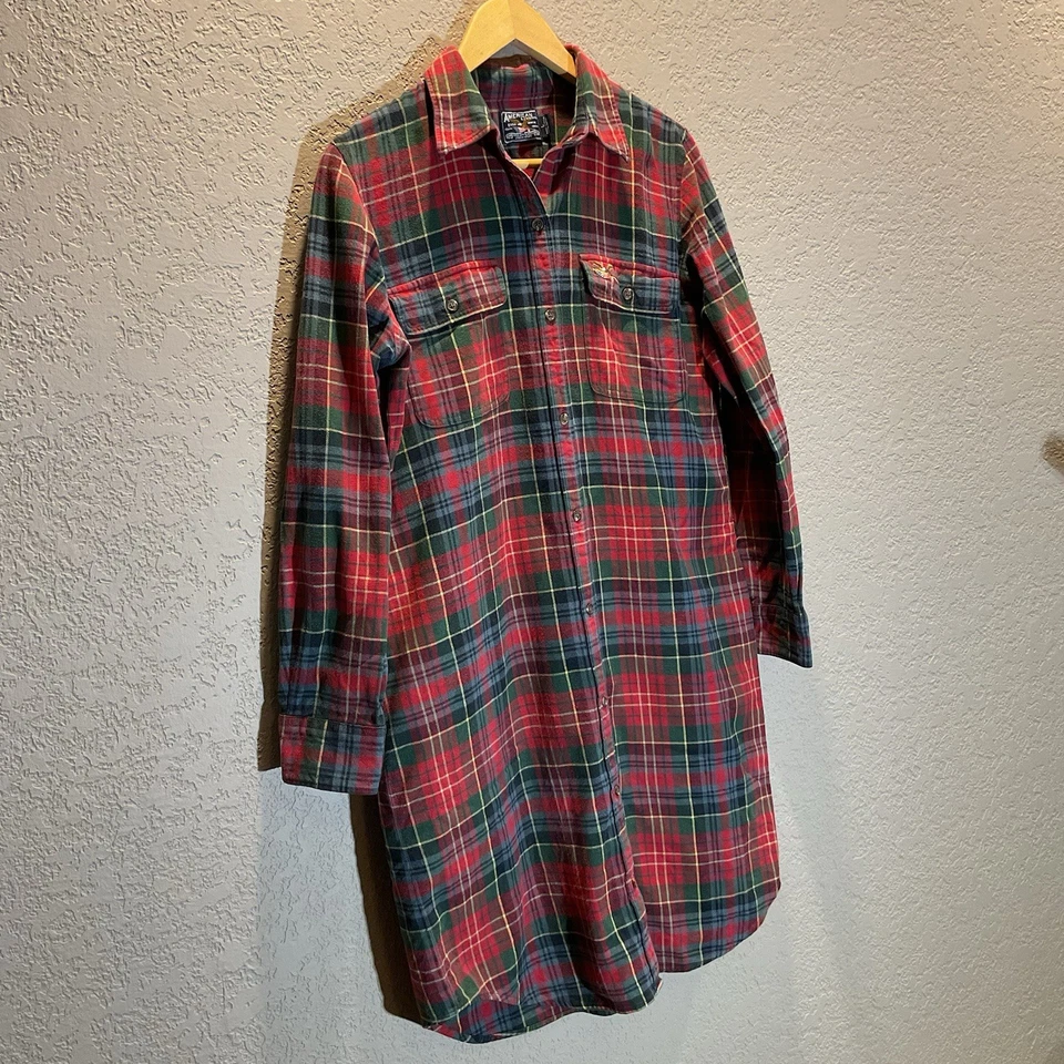 Vestido camisero de franela a cuadros American Living para mujer L rojo verde manga larga Foto 4 de 4