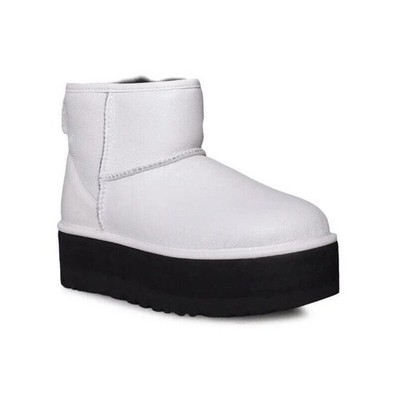 UGG Classic Mini Platform Boots Women 7 White Leather Black Sole Shearling Lined