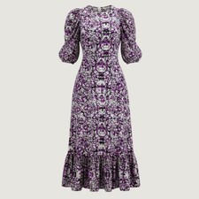 Sea New York Purple Batik Print Silk Blend Puff Sleeve Ruffle Midi Dress 0 Artsy