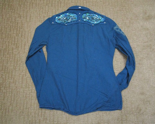 Roar Shirt Women Medium Blue Striped Western Pearl Snap Bedazzle Embellished Y2K - Picture 3 of 7