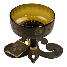 NEW - Jan Barboglio etched Amber glass bowl, Fleur De Lis Wrought Iron NWT