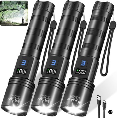 Tughlax 3Pack Rechargeable Flashlights High Lumens, Super Bright Black 