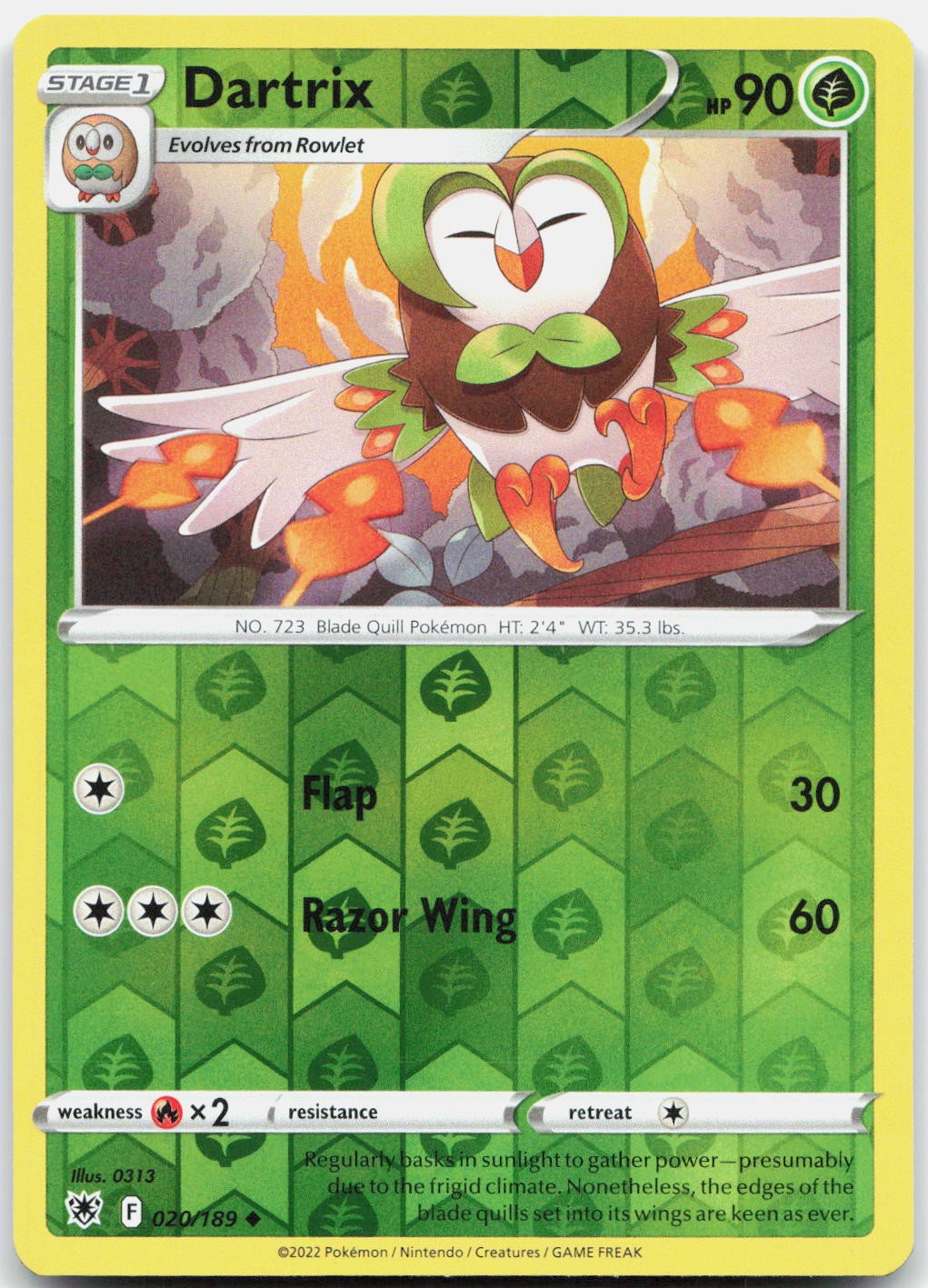 Dartrix 020/189 Uncommon Astral Radiance Pokemon Reverse Holo Near Mint