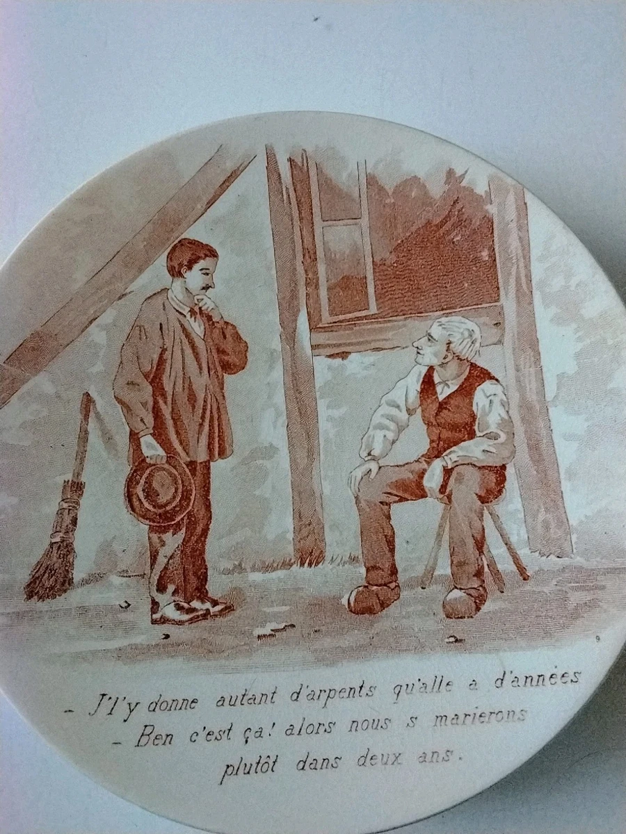 Assiette Ancienne Sarreguemines XIXe - Humour 'Chasse à L'ours', Faïence, Dorure Légère