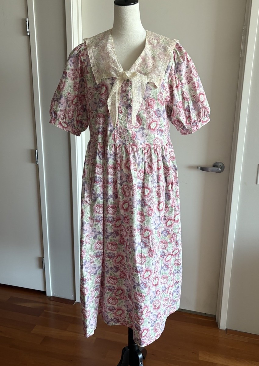Laura Ashley Vintage 1980s Floral Romantic Prairie Dress Lace Collar Size 8  | eBay