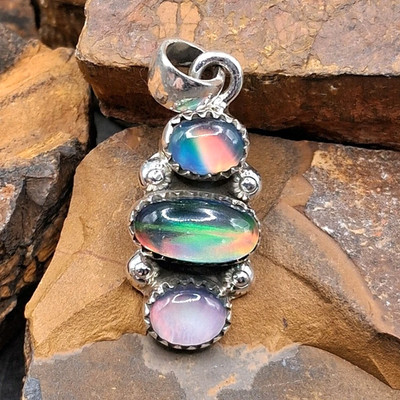 Sterling Silver Aurora Opal Pendant 3 Stone Southwestern Style 