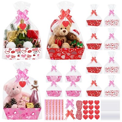 12 Sets Empty Valentine Gift Baskets Cellophane Bags Bows Love Cards Party