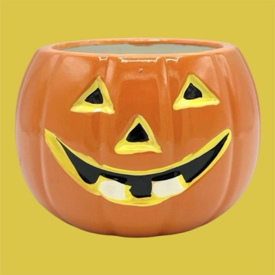 Vintage 90s Pumpkin Jack-O-Lantern Halloween Planter Bowl Happy Ceramic 5 