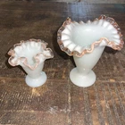 2 Fenton Art Glass Crimped Pink Crest 4.25" and 6.25" Footed Vase Milk White