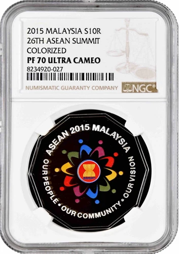 Malaysia 10 ringgit 2015, NGC PF70 UC, "26th ASEAN Summit" Top Pop silver coin