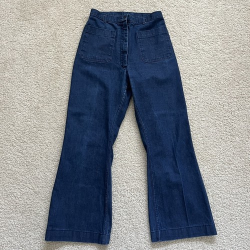 Vtg 1980 Women Utility Trousers Denim Jeans Flare Bell Bottom Size 16” High Rise - Picture 2 of 14