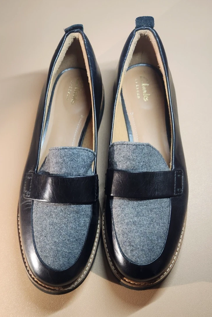 Mocassini comodi CLARKS in pelle artigianale taglia 8M scarpe basse in lana nere e grigie