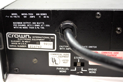 Crown Micro Tech 600 Two Channel Power Amplifier Pro-Audio Rack
