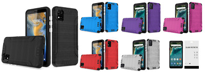 FOR Consumer Cellular ZTE Avid 589 Brushed Hybrid Case Cover  + Tempered Glass