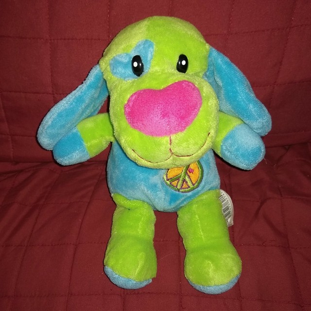 Dan Dee PUPPY DOG Blue Green Velour Soft Fur 10in Plush Peace Symbol