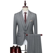 Striped Mens 3pcs Suit Blazer Vest Pants Wedding One Button Jacket Business Slim