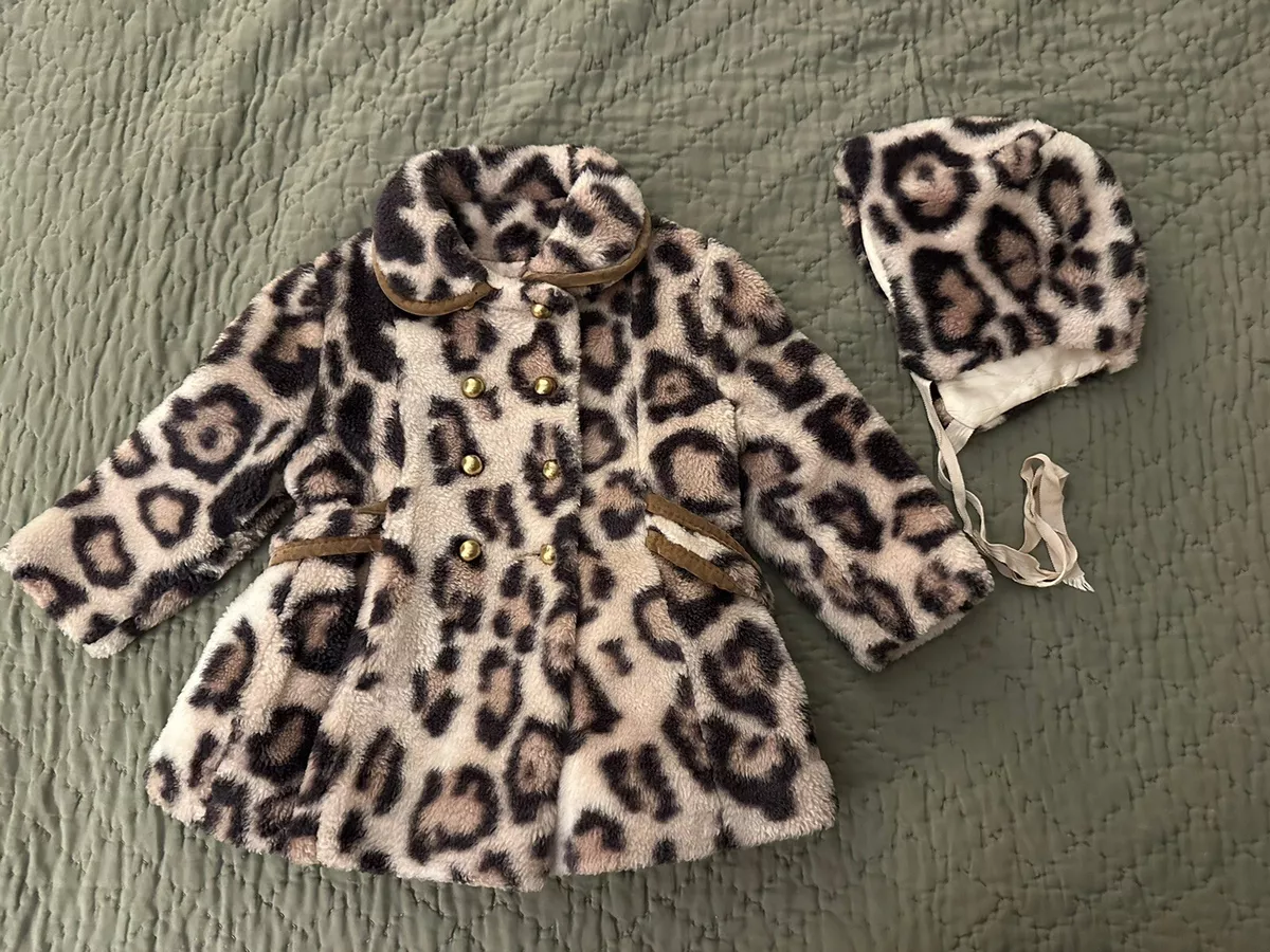 Vintage Girls Rainbow Coat Brand Leopard Print Coat with Matching Hat