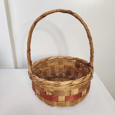 Vintage 1950's/60's Round Bamboo Wicker Pink Green Splints Easter Basket Mexico