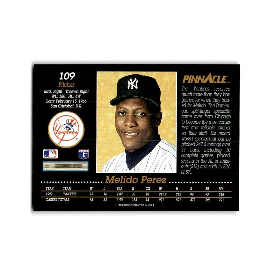 Melido Perez 1993 Pinnacle #109 New York Yankees Baseball Card NM - Image 2 of 3