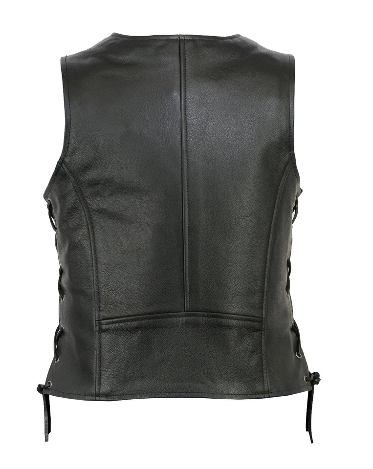 Womens Motorcycle Leather Vest Genuine Cowhide Leather Black Concealed Carry - Image 2 of 4