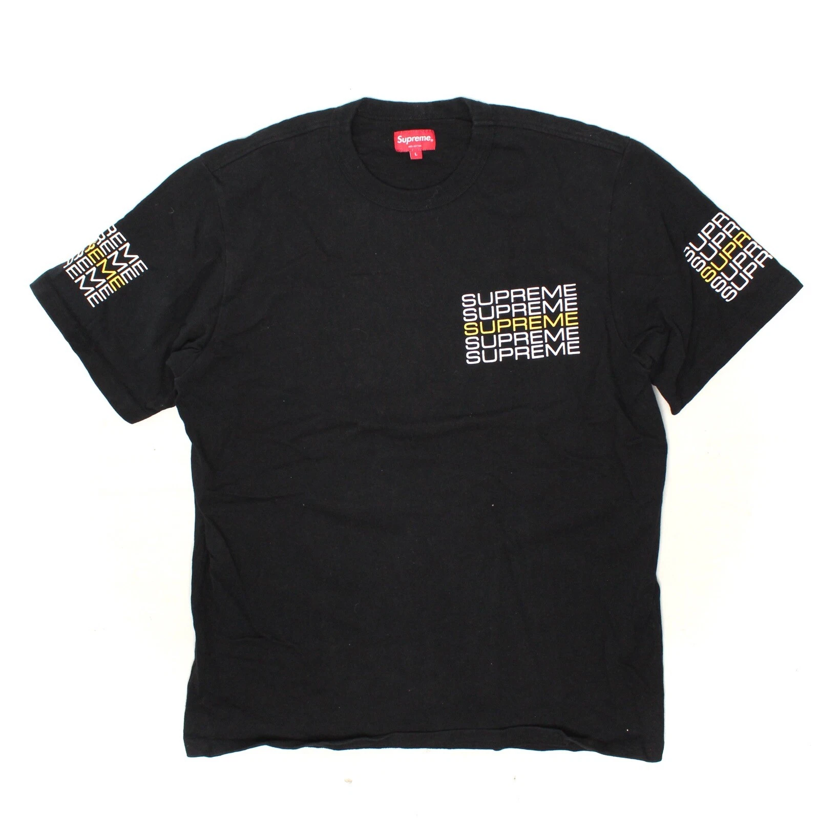 T shirt homme Supreme logo épelé noir blanc jaune manches courtes coton