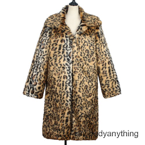 Men's Faux Fur Leopard Print Jacket Lapel Long Coat Winter Warm Overcoat Casual - Picture 17 of 18