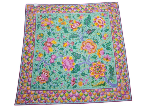 Vtg MANUEL CANOVAS Paris Cotton Scarf Large 52" Floral Paisley Turquoise Pink