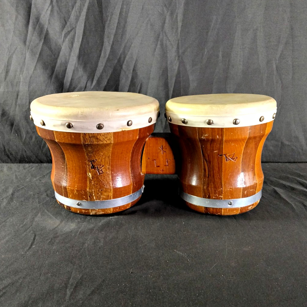 Wood Bongo Drums Set Connected Pair Wooden Shells with White Drum 14" W Heads
