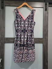 Vince Camuto Damask Navy White Pink Pleated Fit and Flare Dress Size 12