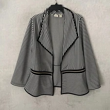 Chicos 3 Open Jacket Black White Stripe XL Blazer Gold Tag Peplum Office Classic