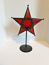 Embossed Red Glass Metal Star Tealight Candle Holder 15 Inches Tall