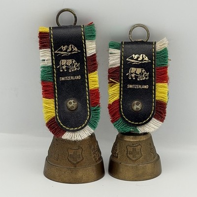 (2) Swiss Brass Bells Cowbell Cow Leather Strap Fringe Goat Star Clover Loop