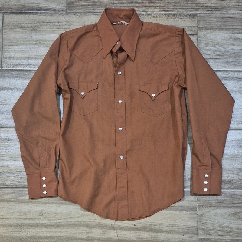 Vintage Pearl Snap boys 12 Western Cowboy Long Sleeve 70s shirt UT Burnt Orange