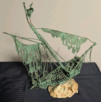 Jim Lewk Brutalist Distressed Shipwreck Copper Sculpture on Stone Base