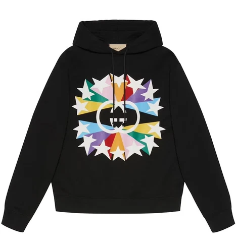 Felpa con cappuccio Gucci Rainbow Star Burst nera ad incastro GG US taglia small autentica
