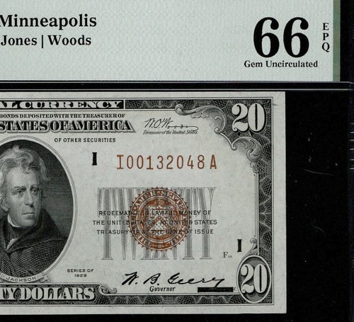 1929 $20 FRBN Minneapolis Fr#1870-I PMG 66 Gem Uncirculated EPQ I00132048A (EXJ)