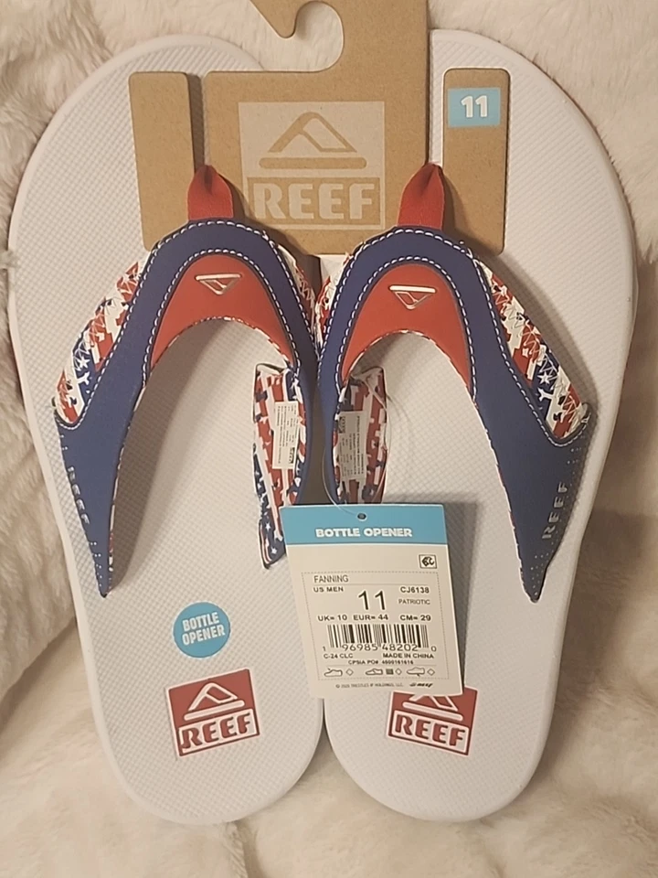NEW Reef Fanning Flip Flops Patriotic Red White Blue Bottle Opener Sandal Men 11 - Image 2 of 4
